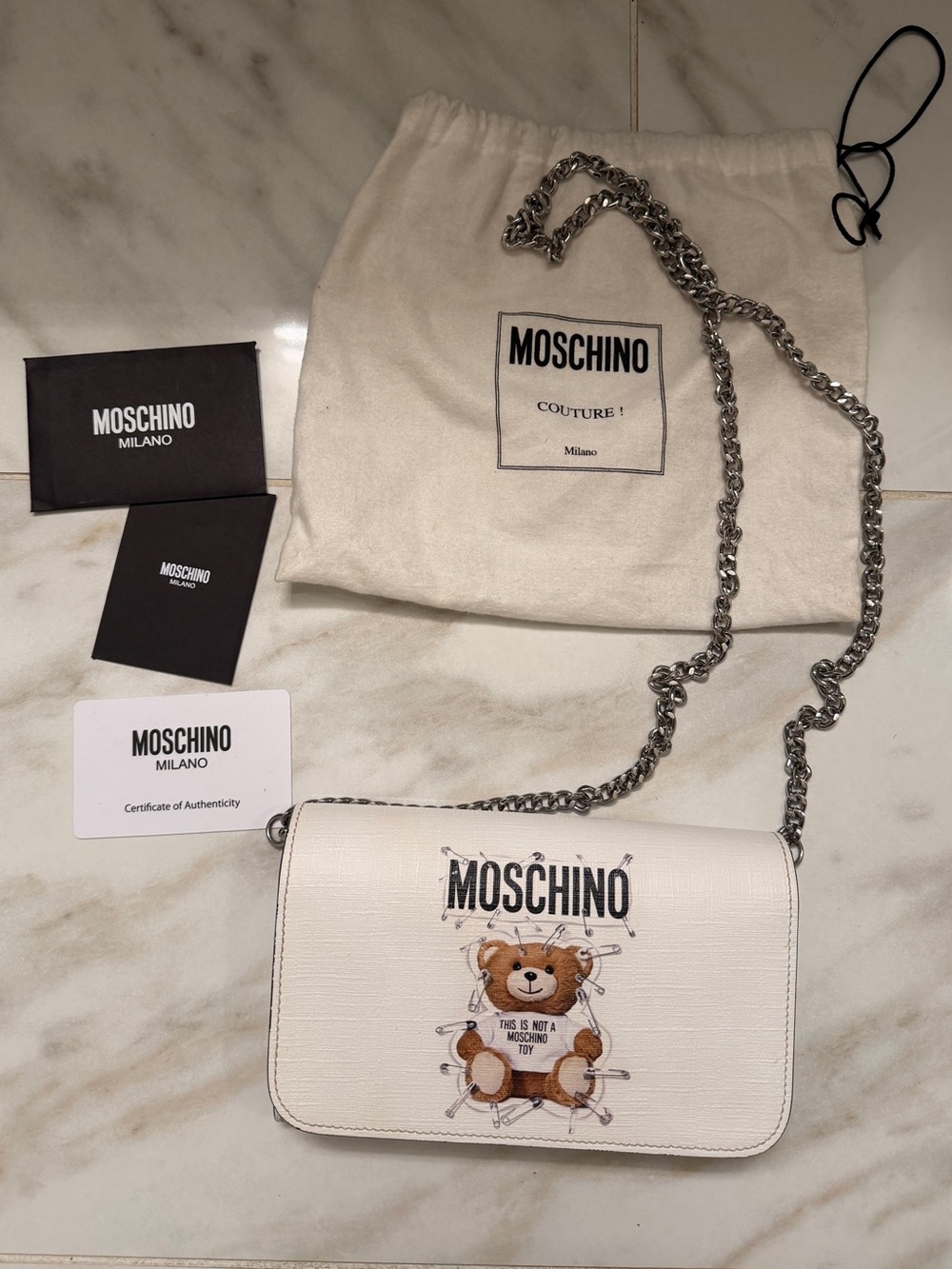 Moschino Couture “This Is Not a Toy” Teddy Wallet on Chain